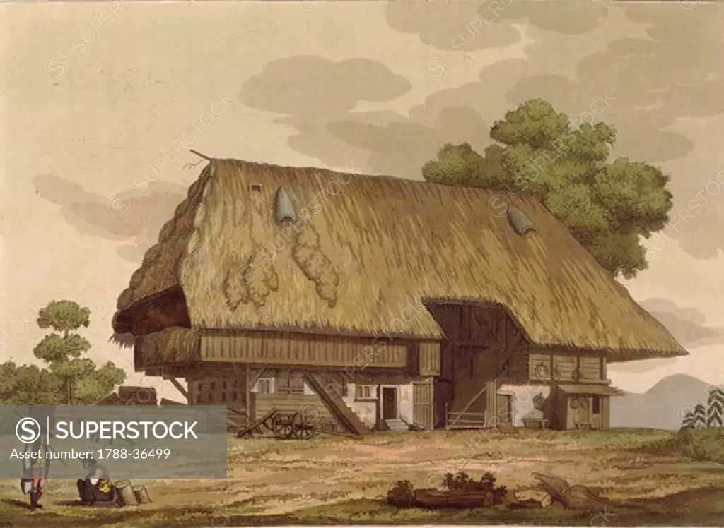 Switzerland, 19th century. A farmhouse in the Alps. Drawing and coloured engraving by V. Raineri.