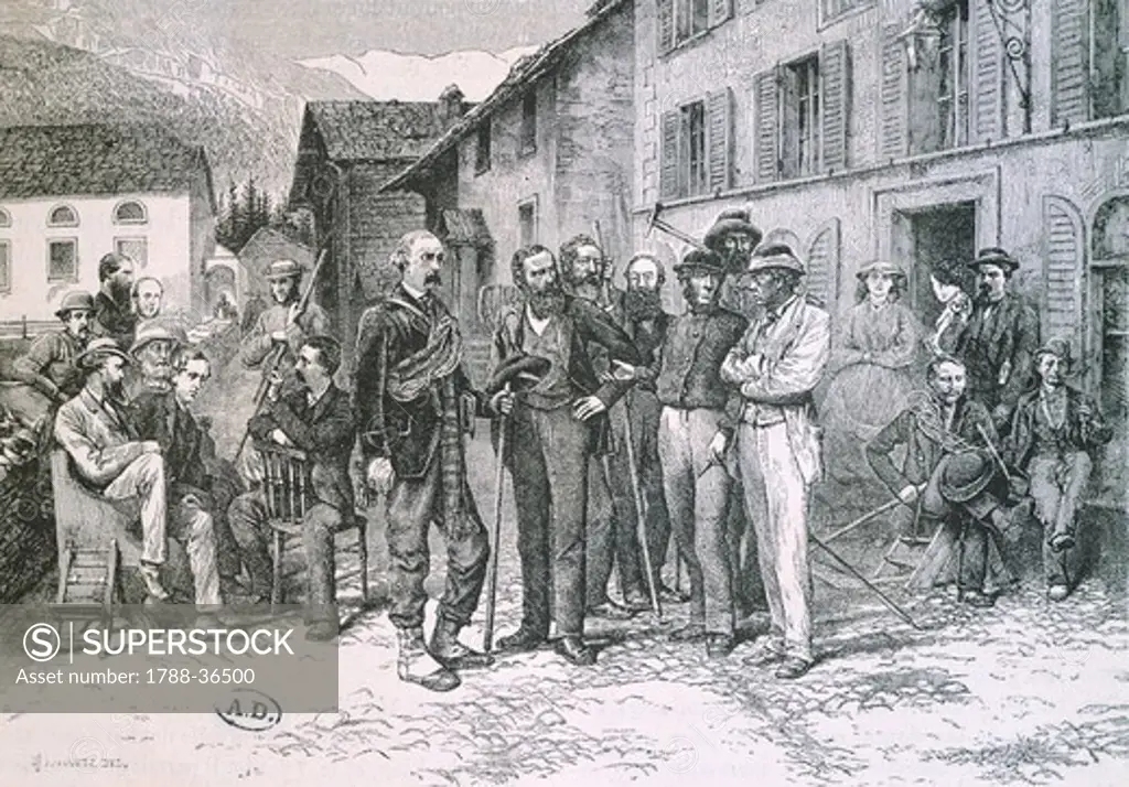 Tourist guides and tourists ready to leave in front of Mont-Rose Hotel in Zermatt, engraving from a drawing by M. Whymper in Scrambles Amongst the Alps by Edouard  Whymper 1860-69, Switzerland 19th Century.