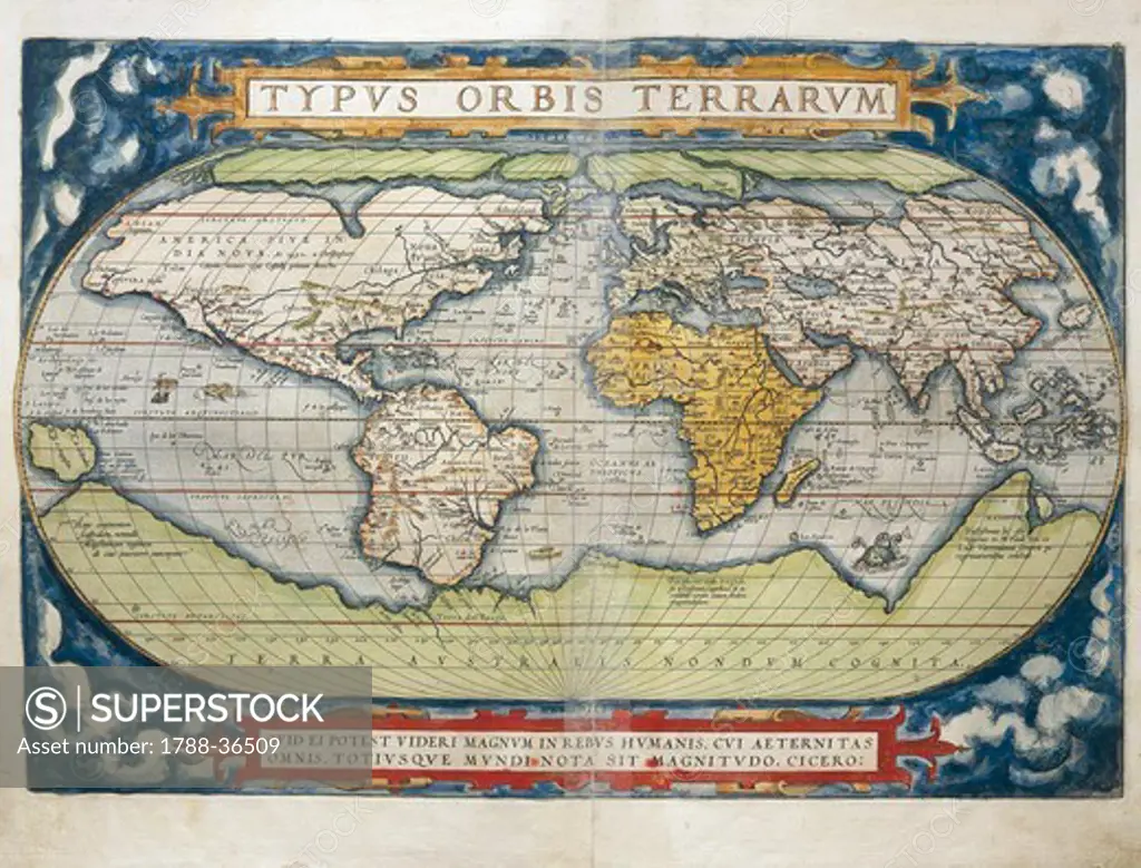 Cartography, 16th century. World map from Theatrum Orbis Terrarum by Abraham Ortelius (1528-1598), Antwerp, 1570.