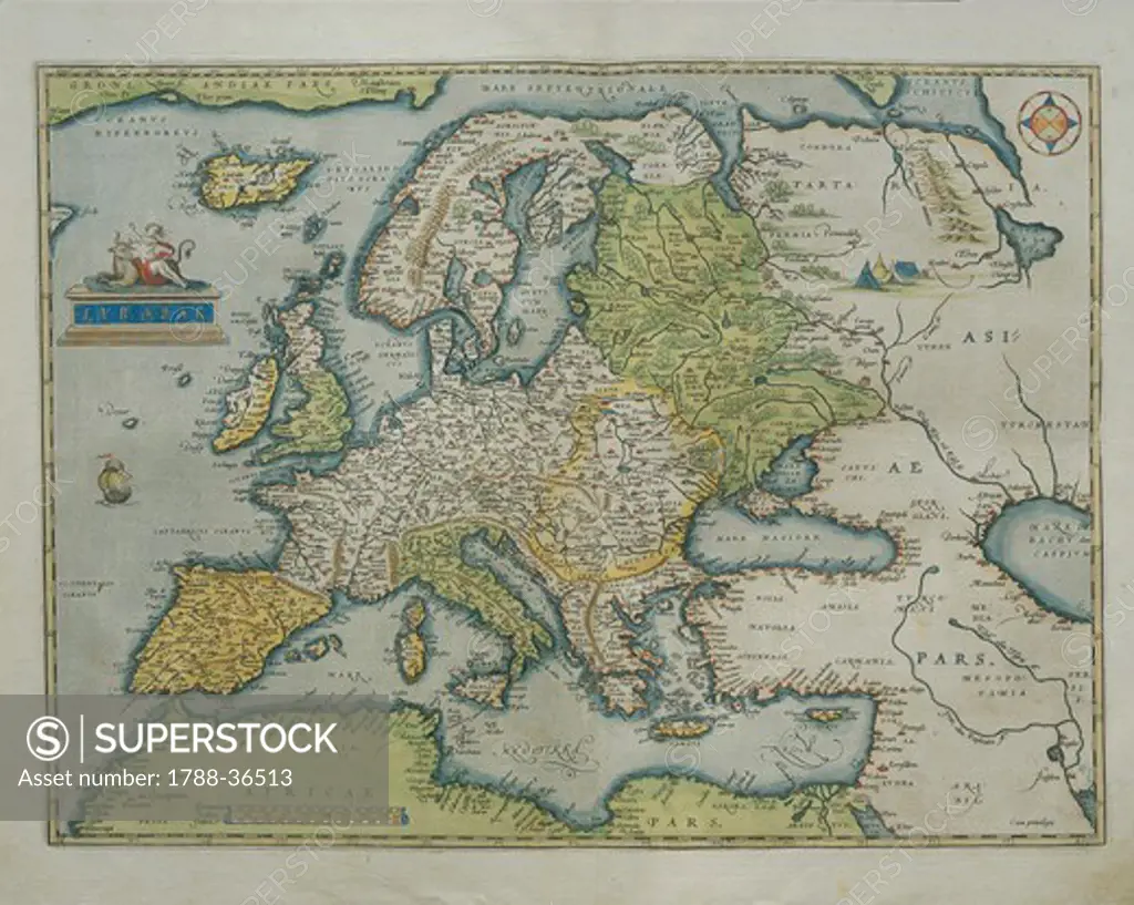 Cartography, 16th century. Map of Europe, from Theatrum Orbis Terrarum by Abraham Ortelius (1528-1598), Antwerp, 1570.