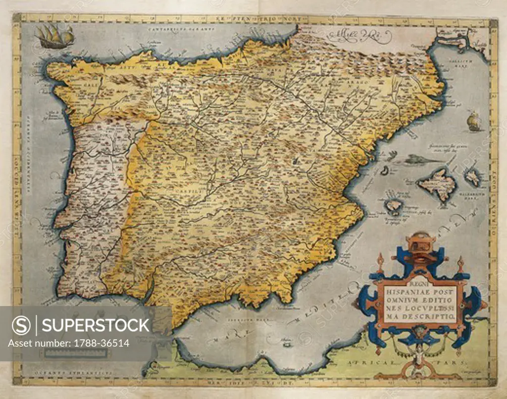 Cartography, 16th century. Map of the Iberian peninsula, from Theatrum Orbis Terrarum by Abraham Ortelius (1528-1598), Antwerp, 1570.