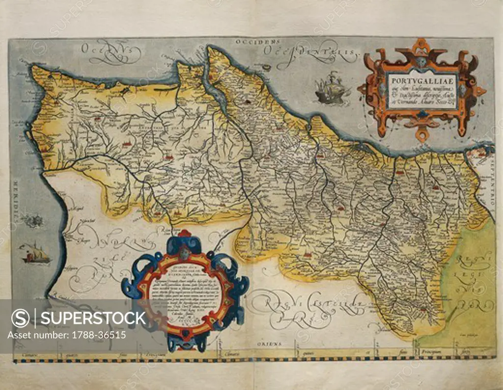 Cartography, 16th century. Map of Portugal, from Theatrum Orbis Terrarum by Abraham Ortelius (1528-1598), Antwerp, 1570.