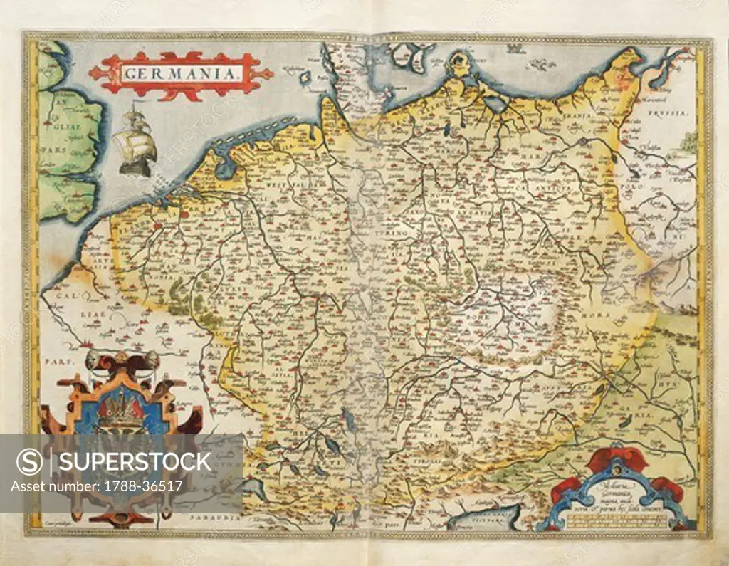 Cartography, 16th century. Map of Germany, from Theatrum Orbis Terrarum by Abraham Ortelius (1528-1598), Antwerp, 1570.