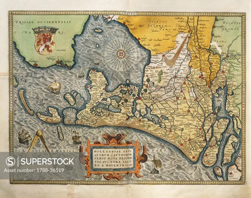Cartography, 16th century. Map of Netherlands, from Theatrum Orbis Terrarum by Abraham Ortelius (1528-1598), Antwerp, 1570.