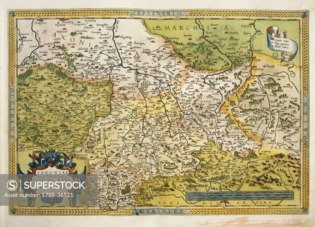 Cartography, 16th century. Map of Saxony, from Theatrum Orbis Terrarum by Abraham Ortelius (1528-1598), Antwerp, 1570.