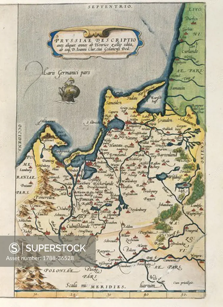 Cartography, 16th century. Map of Prussia, from Theatrum Orbis Terrarum by Abraham Ortelius (1528-1598), Antwerp, 1570.