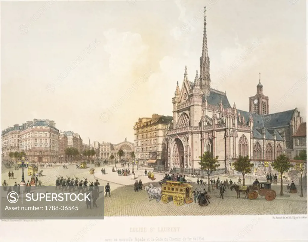 France, 19th century. Paris. Church of San Lorenzo (Eglise Saint-Laurent) with its new faade with the East Railway Station (Gare de l'Est) in the background. Engraving from Paris dans sa splendeur, by Charpentier, Paris, 1865.