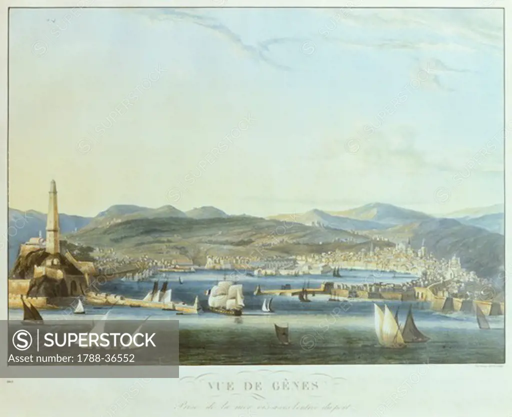 View of the ancient Port of Genoa from the sea, 1810, by Ambroise Louis Garneray (1783-1857), Italy 20th Century.