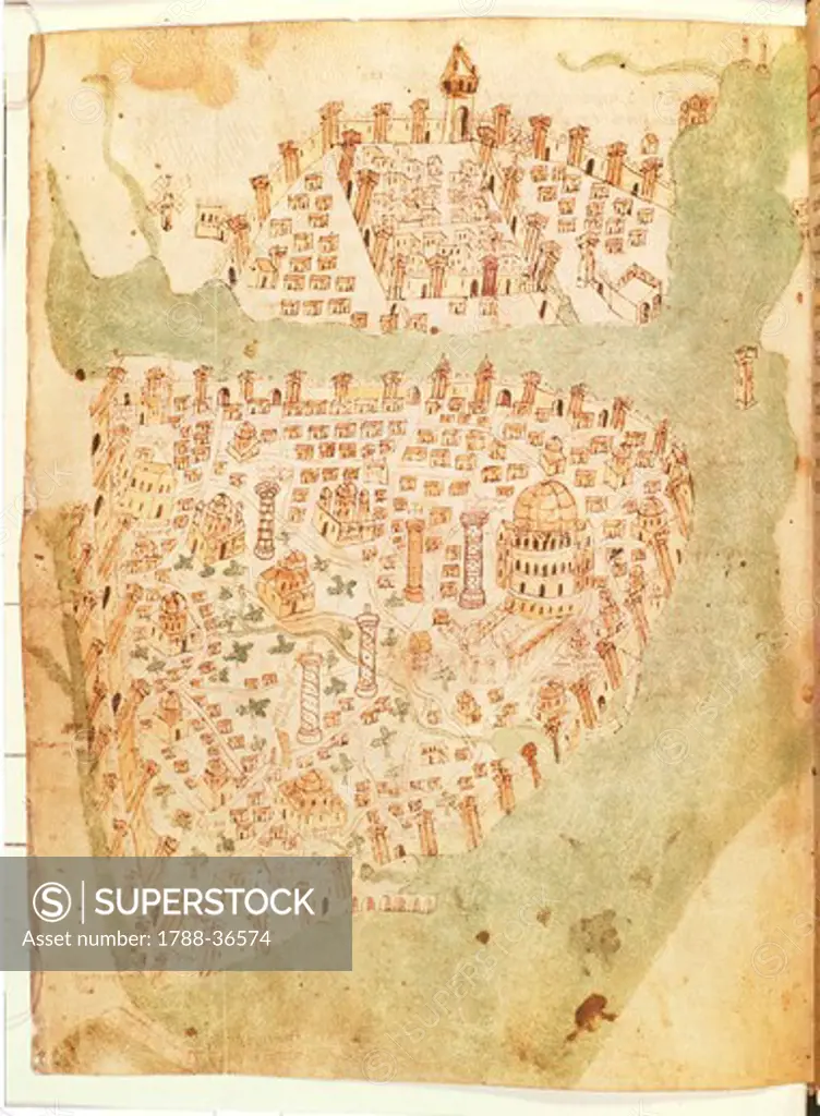 Cartography, Turkey, 15th century. Map of Constantinople created by Christopher Buondelmonti.