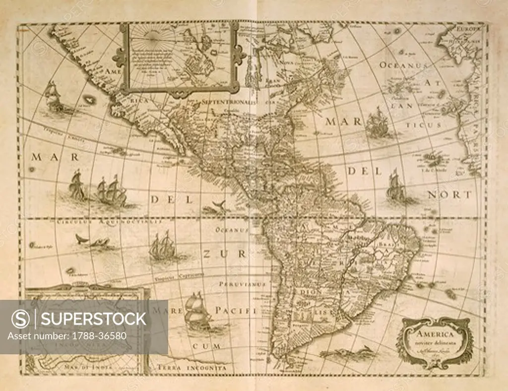 Cartography, 17th century. Map of the Americas by Henricus Hondius, 1631.