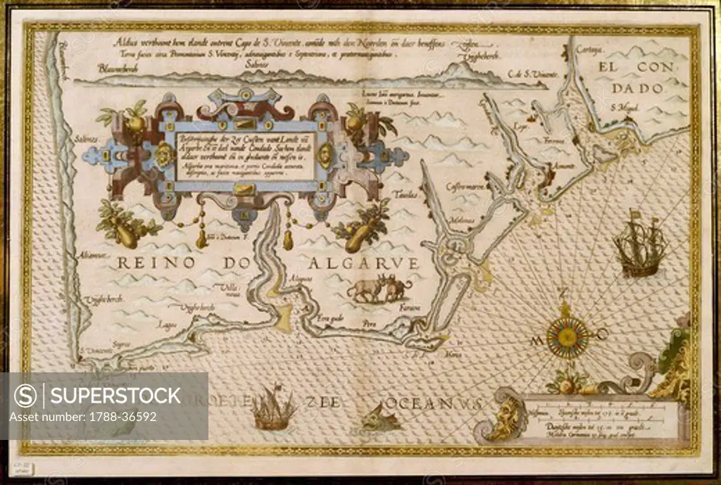 Cartography, 16th century. Southern Portugal and the Kingdom of Algarve. From the Speculum nauticum super maris navigation occidentalis contectum by Lucas Janszoon Waghenaer, 1586.