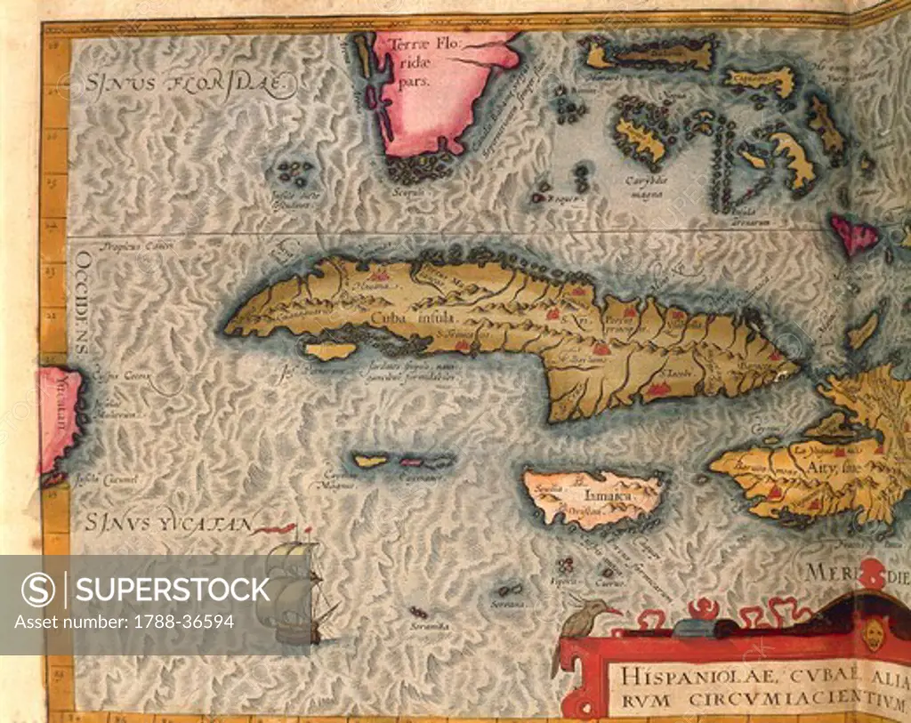 Cartography, 16th century. Map of Cuba and Jamaica, from Theatrum Orbis Terrarum by Abraham Ortelius (1528-1598), Antwerp, 1570.