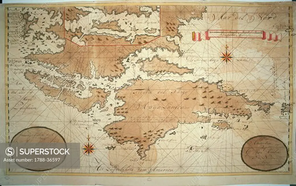Cartography, 18th century. Strait of Magellan and Cape Horn with Catherine Island insert. From the Nautical Atlas hand-drawn by Gerard van Keulen, Amsterdam 1713. Drawing in ink and watercolor on paper. 58.5 x 98.5 cm.