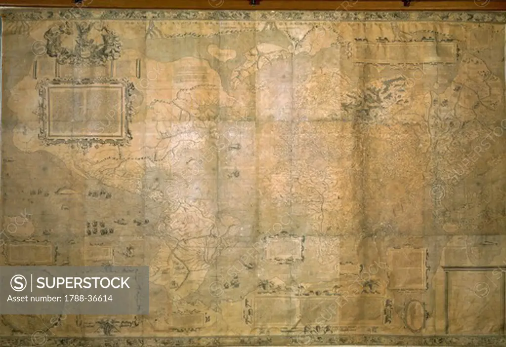 Cartography, Flanders, 16th century. Planisphere of the Earth for navigation, created by Gerard Mercator. Duisburg, 1569. Copper print on paper. 132.5 x 195 cm.