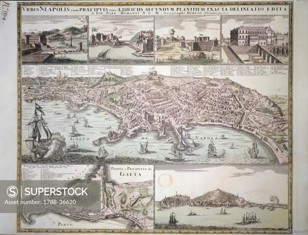 Cartography, Italy, 18th century. Map of Naples and its main buildings, map of Gaeta, by Christoph Homann, Nuremberg 1727. Copperplate 49.5 x 65 cm.