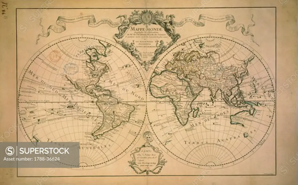 Cartography, 18th century. World map drawn from observations made at the Academy of Sciences. Created by Guillaume Delisle, Paris, 1700. Copperplate by Claude-Auguste Berey. 49 x 77 cm.