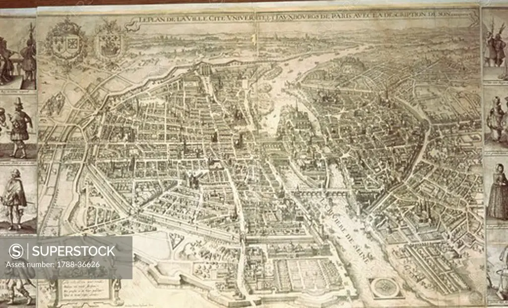 Cartography, France, 17th century. Map of Paris created by Matthieu Merian, Paris 1615. Copperplate, 53 x 105 cm.