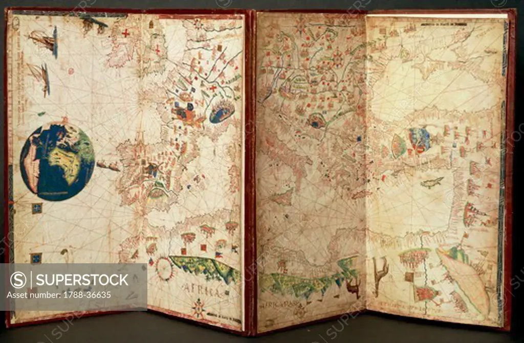 Cartography, 16th century. portolan chart created by Vesconte de Maiollo, 1535. Ink and watercolor on three sheets of parchment mounted on a wooden support, 48 x 70 cm. Front side.