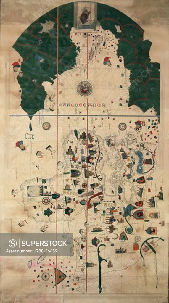 Cartography, 16th century. Portolan-Nautical planisphere chart by Juan de la Cosa, 1500 ca. Copy from the 19th century.