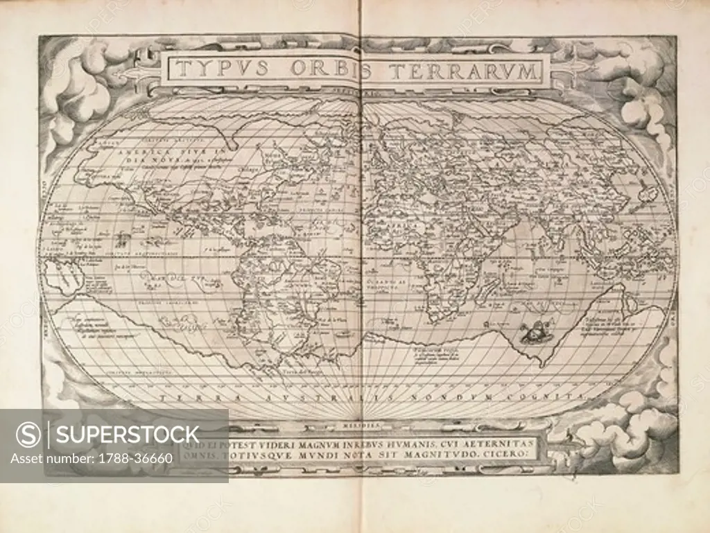 Cartography, 16th century. Planisphere, from Theatrum Orbis Terrarum by Abraham Ortelius (1528-1598), Antwerp, 1570.