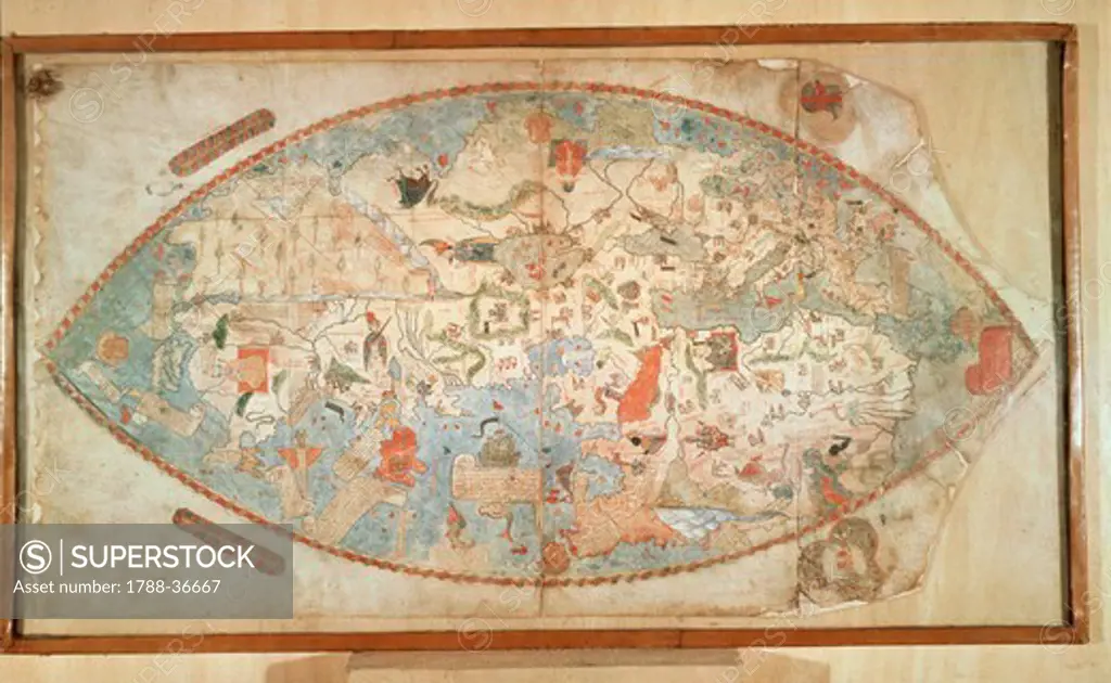 Cartography, 15th century. Genoese World Map, 1457. Manuscript.
