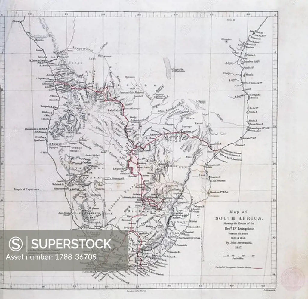 History of Exploration, 19th century. Map tracing Livingstons travels in southern Africa between 1848 and 1856 by John Arrowsmith.