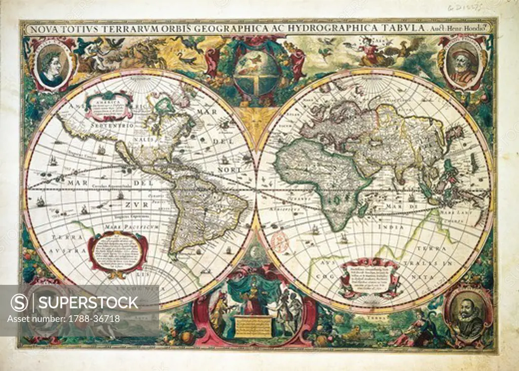 Cartography, 17th century. Nova totius Terrarum Orbis Geographica ac hydrographica tabula, by Henricus Hondius, Amsterdam, 1630. Illustrated copperplate, 38 x 54 cm.