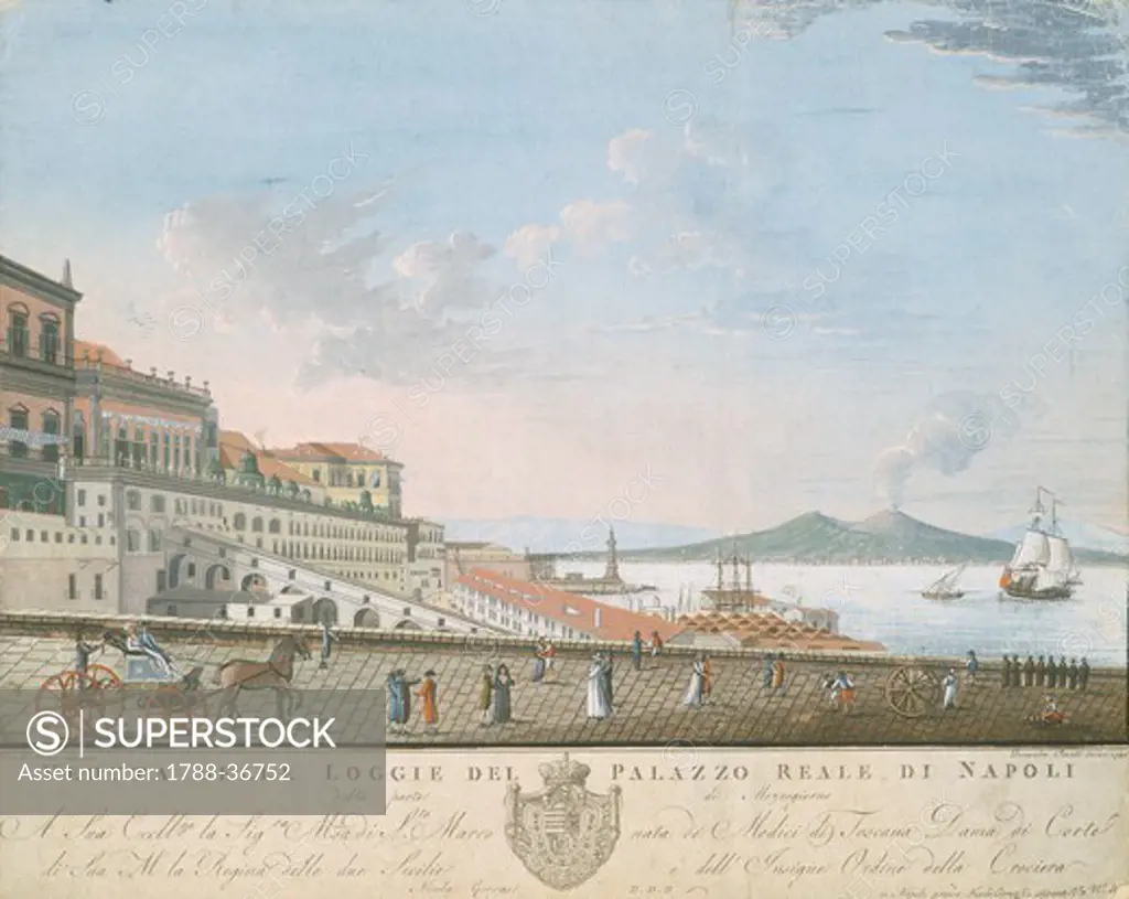View of the hanging gardens of the Palazzo Reale (The Royal Palace) in Naples with Mt Vesuvius in the background, Italy 18th Century. Engraving.