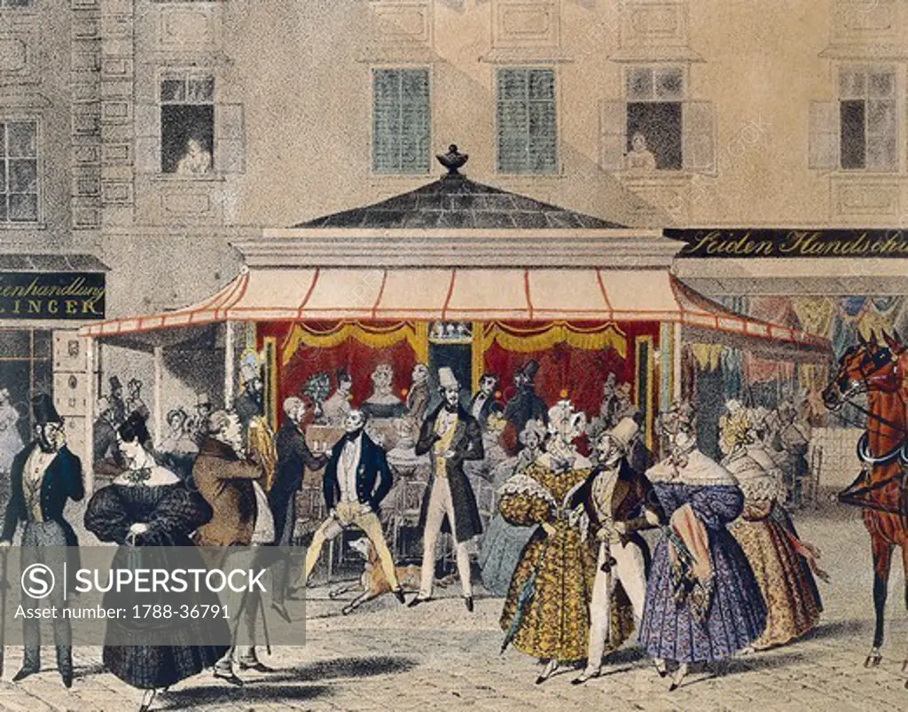 A lemonade kiosk on Graben Street (Ditch Street) in Vienna, Austria 19th Century.
