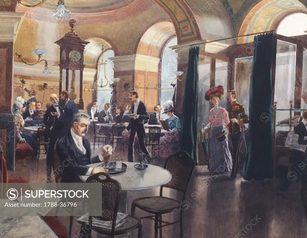 Interior of a cafe' in  Vienna, Austria 20th Century. Watercolour.