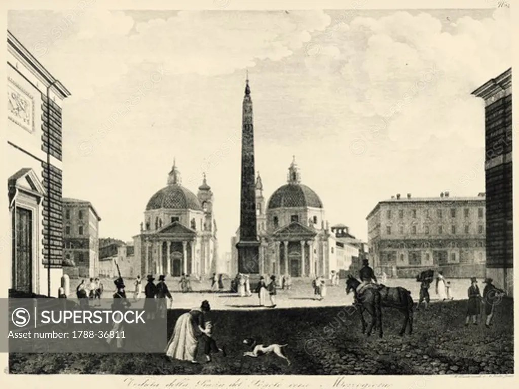 The People's Square (Piazza del Popolo) in Rome, Italy 19th Century. Engraving.