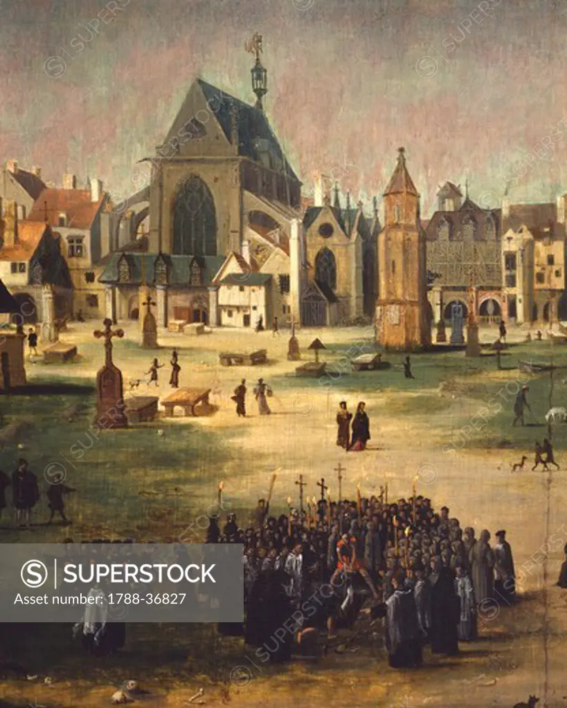 The cemetery of the Church of the Holy Innocents in Paris during a funeral, France 16th Century.