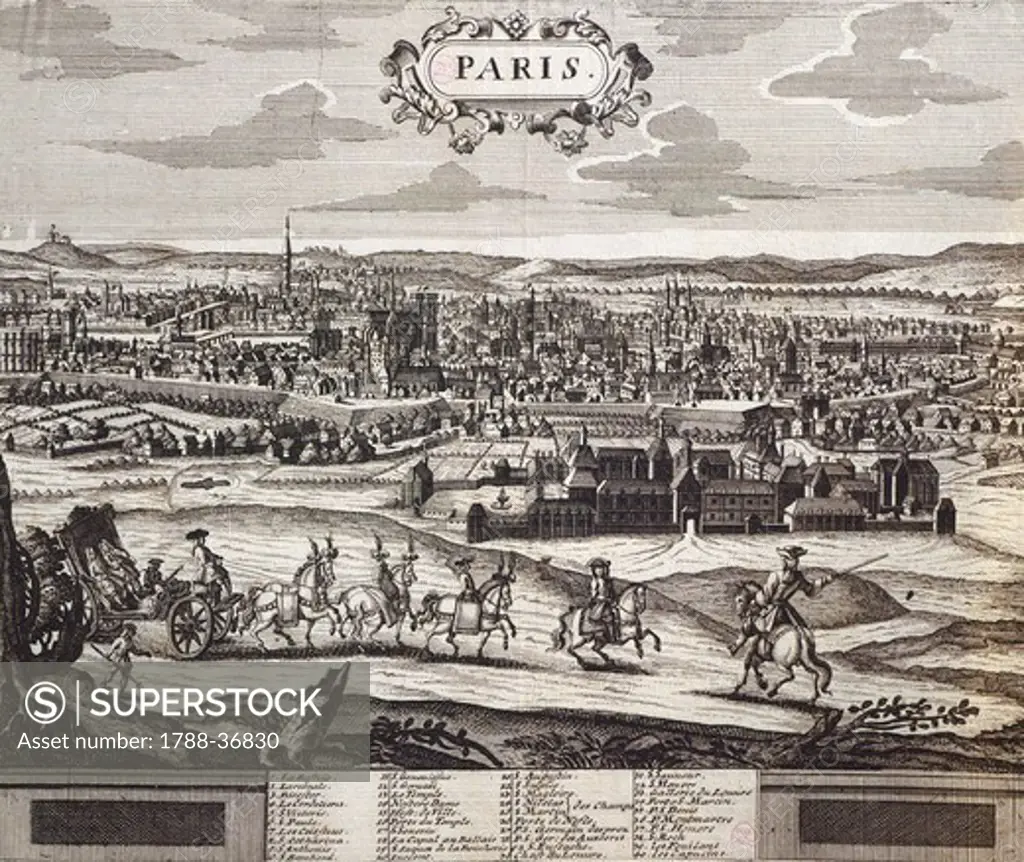 View of Paris, 1650, engraving, France 17th Century.