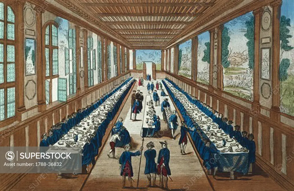 The refectory in the Hotel Royal des Invalides in Paris, France 18th Century.