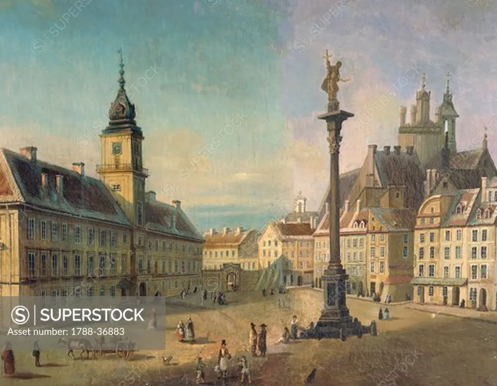 Poland, 19th century. Warsaw. Castello Square; Sigismond Column in the foreground and on the right the Royal Castle.