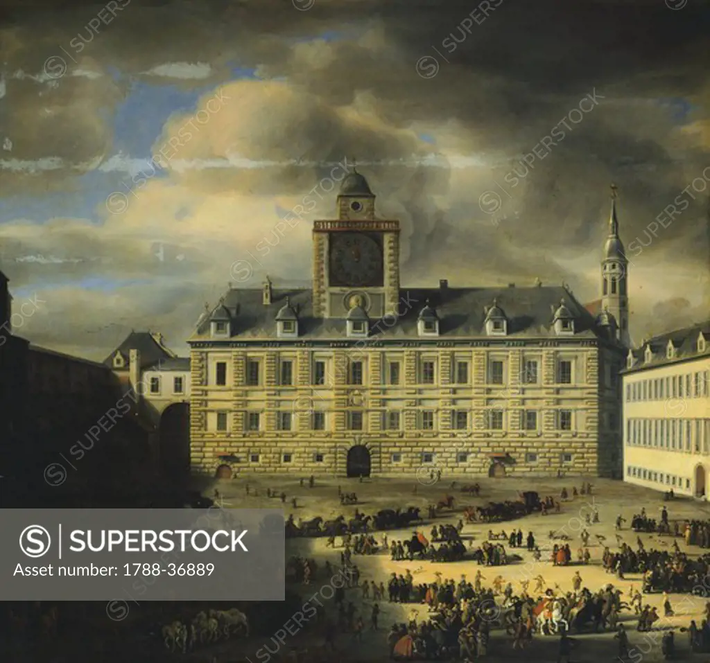 Burgplatz in the Imperial Palace in Vienna, 1652, by Samuel Van Hoogstraeten, Austria 17th Century.
