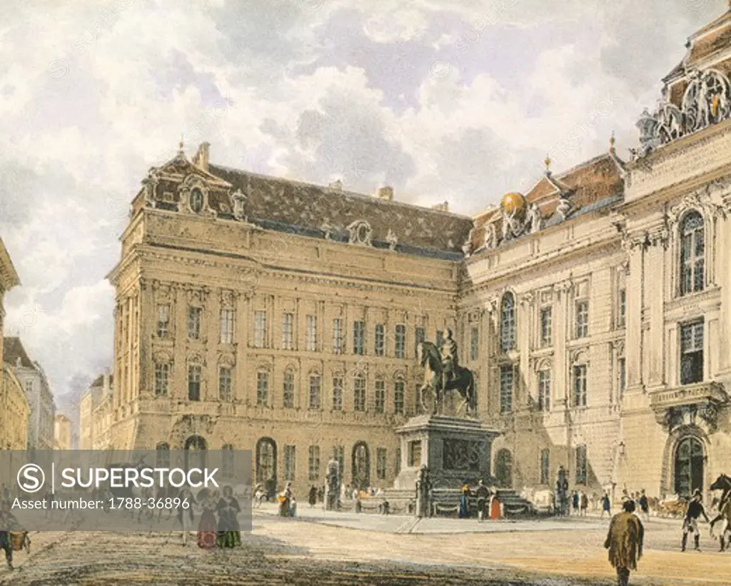 St Joseph Square in Vienna, Austria 19th Century. Watercolour.
