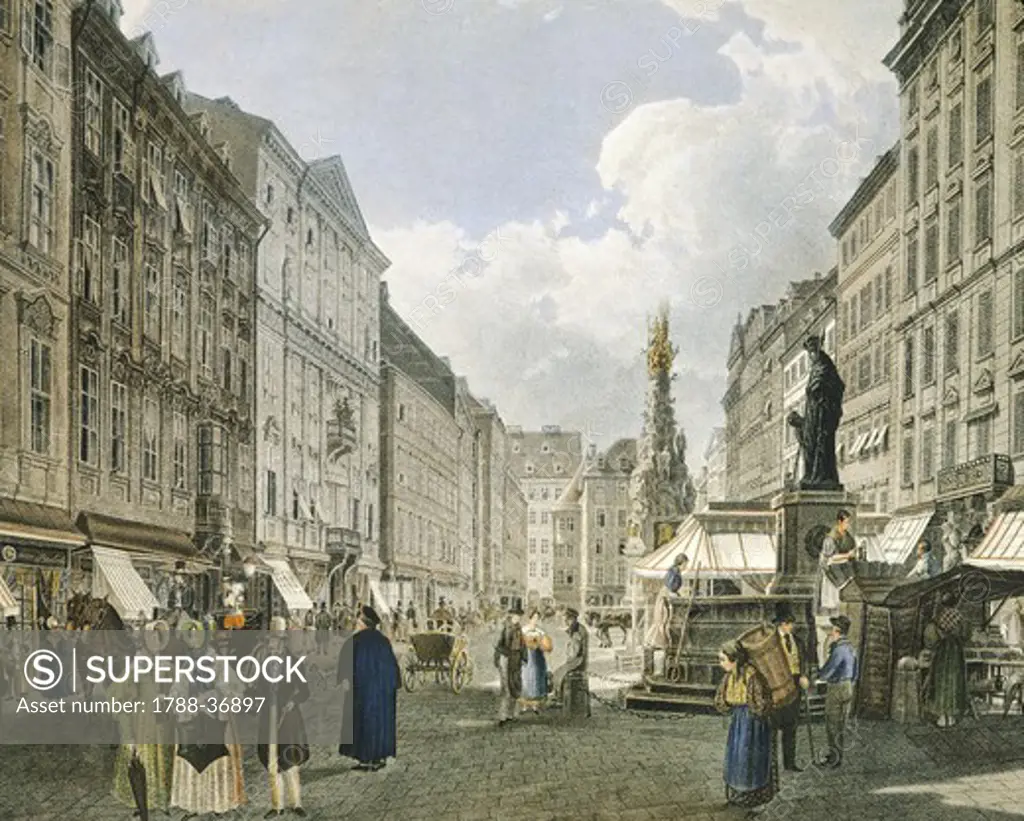 Graben Street (Ditch Street) in Vienna in the 19th  century, Austria.