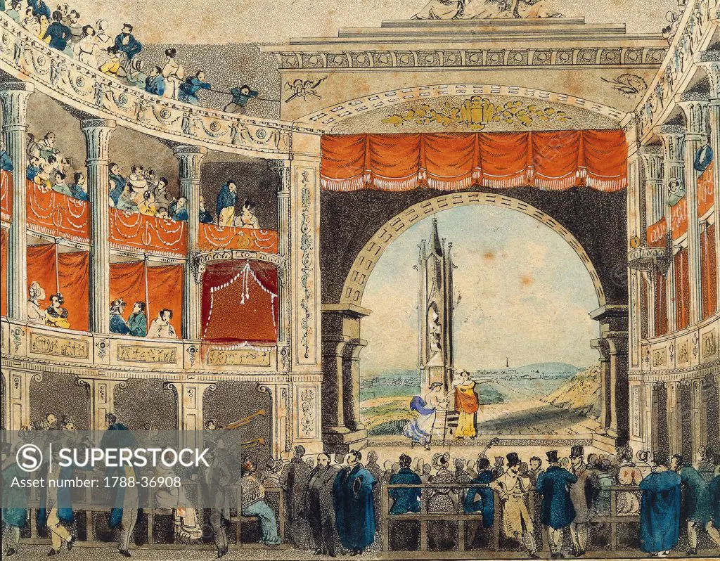 Austria, 19th century. Vienna. Interior of the Theater in der Josefstadt. Print. Detail.