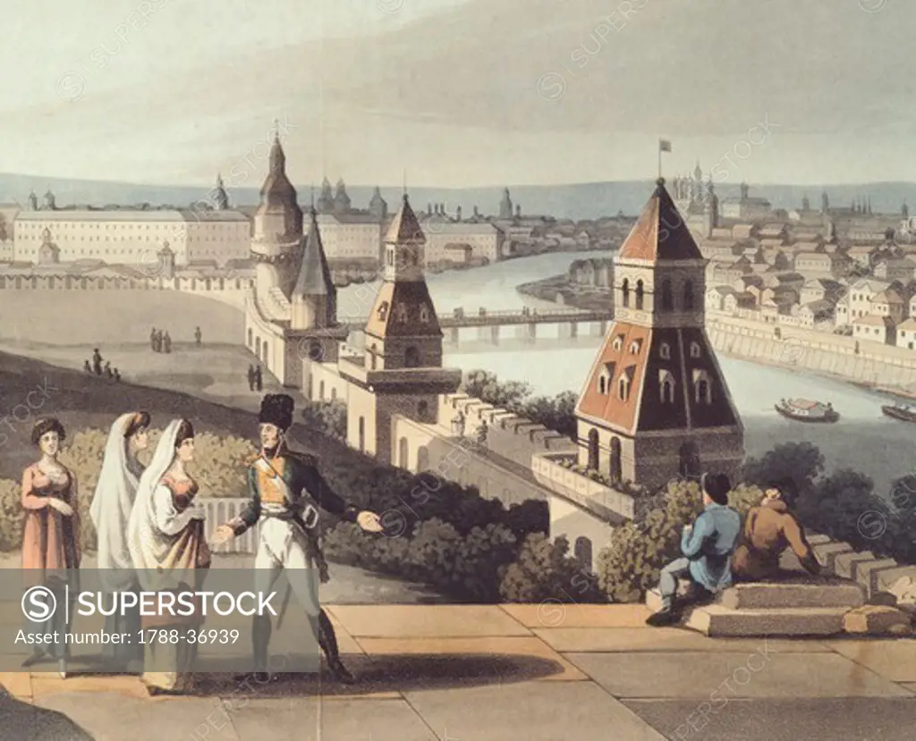 Panoramic view of Moscow, Russia 19th century. Coloured print.