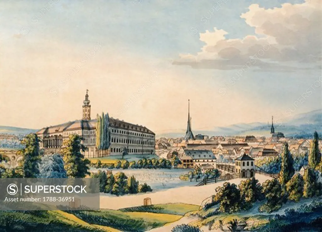 Panoramic view of Weimar, Germany 19th Century. Colour lithograph.