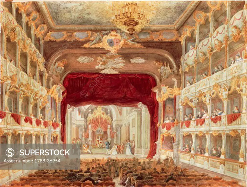 Germany, 19th century. Munich, Bavaria. Interior of the Cuvillies Theatre or Old Residence Theatre (Altes Residenztheater) during a performance. Watercolor.