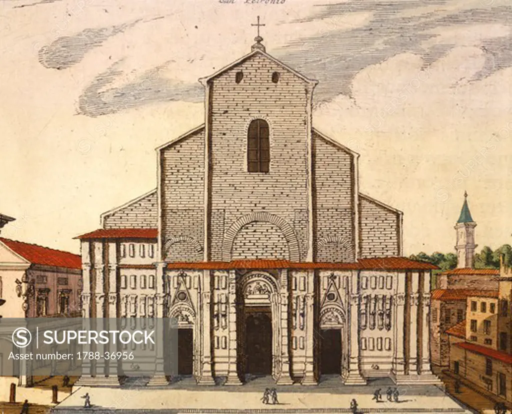 The basilica of San Petronio in Bologna, by Joan Blaeu (1596-1673), print from Theatrum Civitatum et Admirandorum Italiae, Italy 17th Century. Detail.