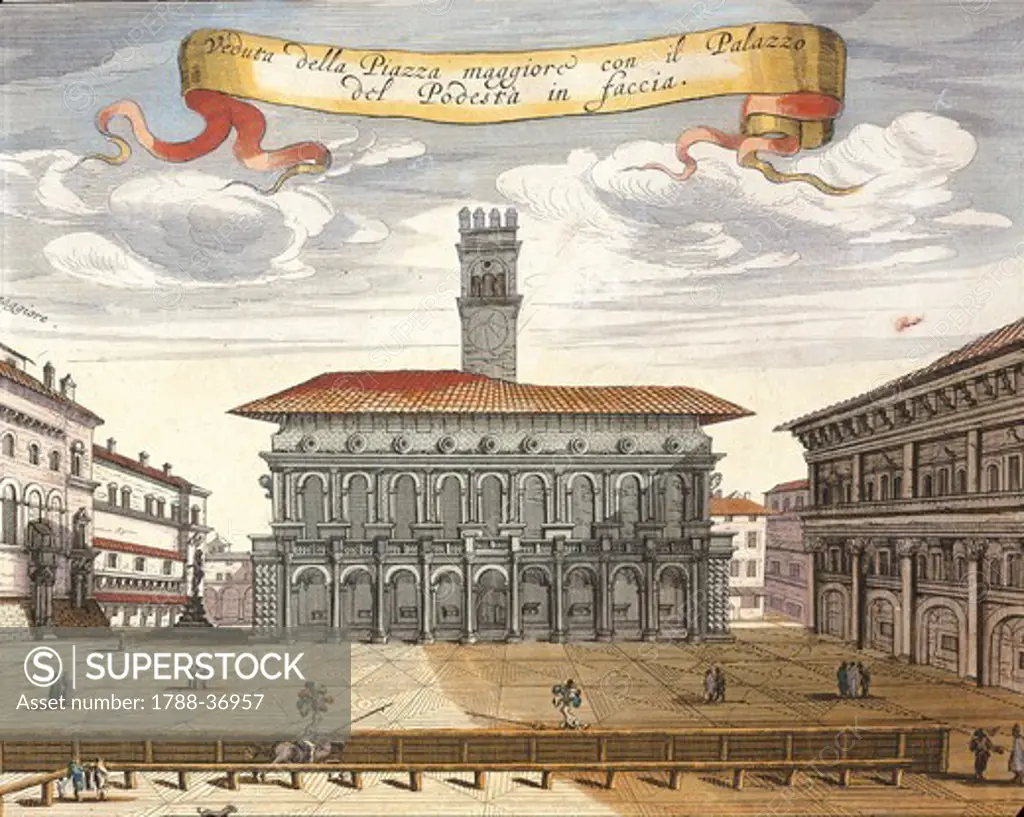 Italy, 17th century. View of the Maggiore Square in Bologna, with the Palazzo del Podesta (Podesta Palace) in 1600. Engraving  from Civitatis Admirandorum Italiae by Jean Blaeu.
