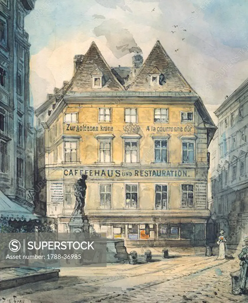 A cafe' on Graben Street (Ditch Street) in Vienna, Austria 19th Century. Watercolour.