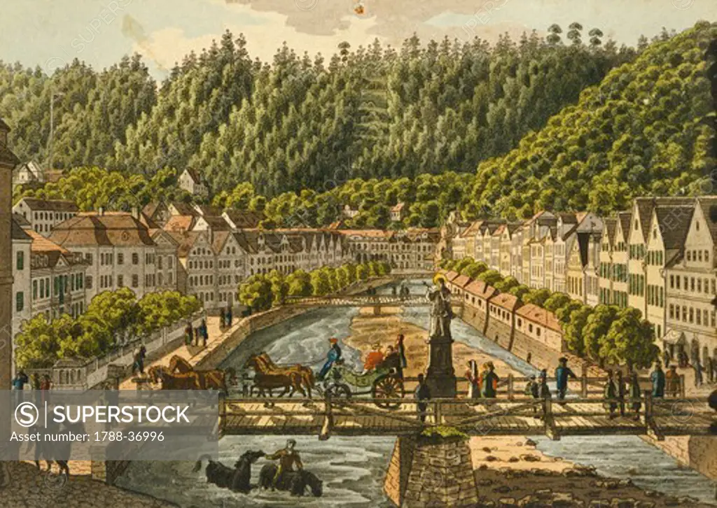 Promenade on the  Wiere in Carsbad (modern day Karlovy Vary), 1700, Czech Republic 18th Century. Print.