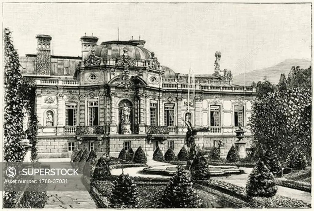 The Garden of Ludwig II of Bavaria's Linderhof Castle , Germany 19th Century. Engraving.