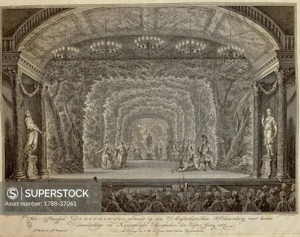 Holland, 18th century. Theatre performance at Amsterdam in 1786: the stage. Engraving.
