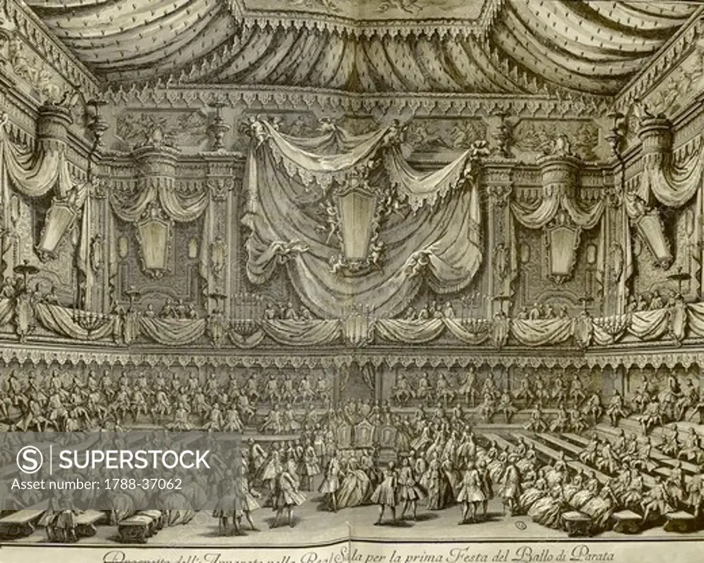 Italy, 18th century. Naples, ball on the occasion of the birth of the Hereditary Prince. Hall of the Royal Palace organized for the evening gala. Engraving by Re' and Vasi, 1747.