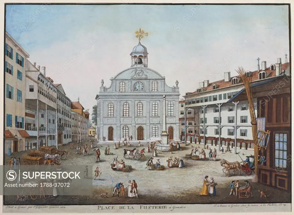 Switzerland, 18th century, Geneva. Place de la Fusterie (Fusterie Square) with the Fusterie Temple. Watercolour by C.G. Geissler.